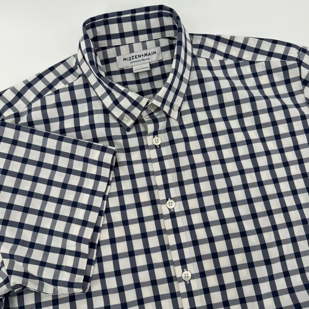 Mizzen + Main Mens Performance Short Sleeve Gingham Shirt Navy White Classic M